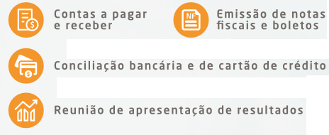 Contas a pagar e receber, Emissão de Notas fiscais e boletos, Conciliação Bancária e de cartão de crédito, Reunião de apresentação de resultados